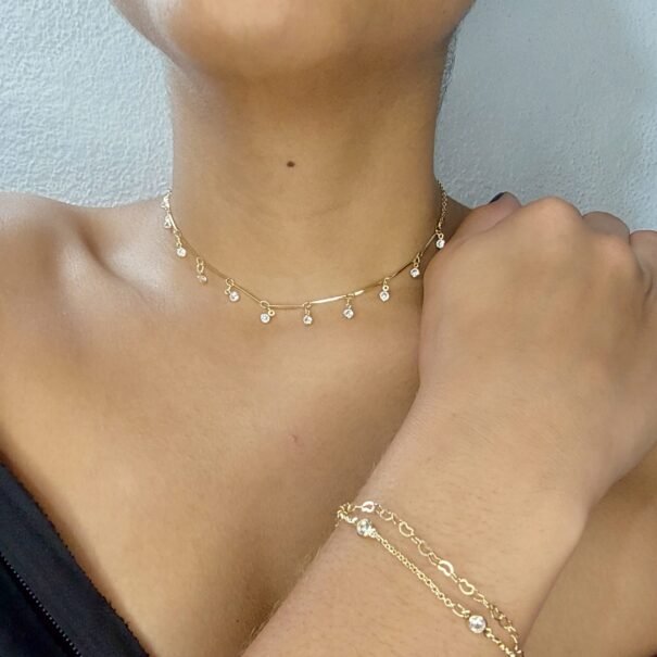 kit  2 peças - Colar Chocker Ponto de Luz + Pulseira Coração Vazado com corrente com Ponto de Luz